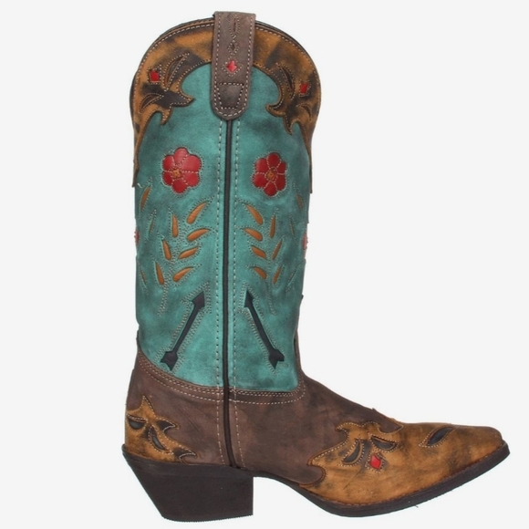 Laredo Miss Kate Brown & Teal Leather Floral Western Cowboy Boots Size 8 - Picture 6 of 16